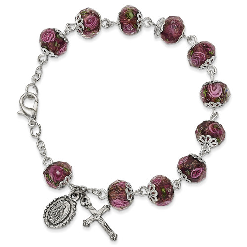 Handpainted Purple Beads Rosary Bracelet Silver-tone GM13492