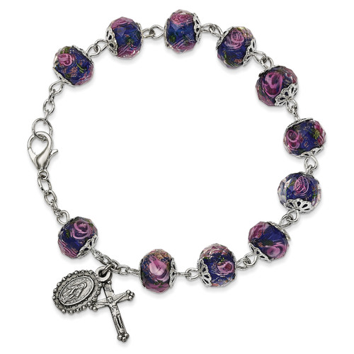 Handpainted Blue Beads Rosary Bracelet Silver-tone GM13496