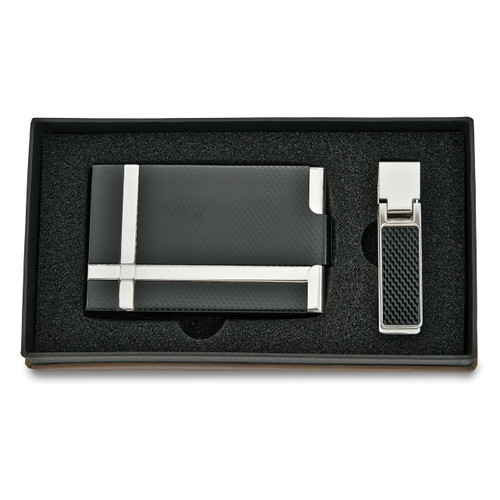 Black Silver-tone Carbon Fiber Card Case Money Clip Set GM5140