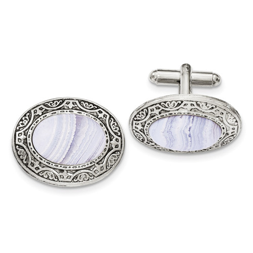 Blue Lace Agate Oval Textured Cufflinks Silver-tone BF2740