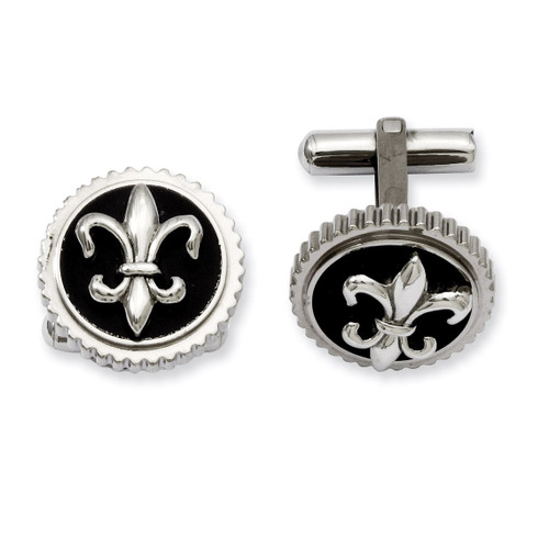 Black Enamel Fleur de lis Cufflinks - Titanium TBC110