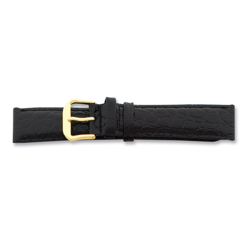 18mm Long Black Alligator Grain Leather Gld-tone Buckle Watch Band BA22L-18