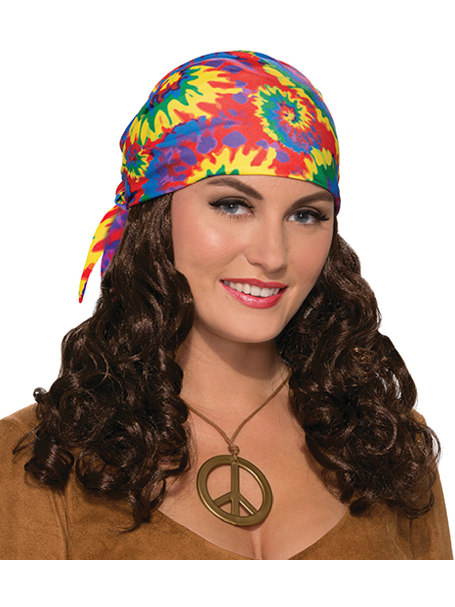 Womens Hippie Generation 60s 70s Head Scarf With Brown Wig Set