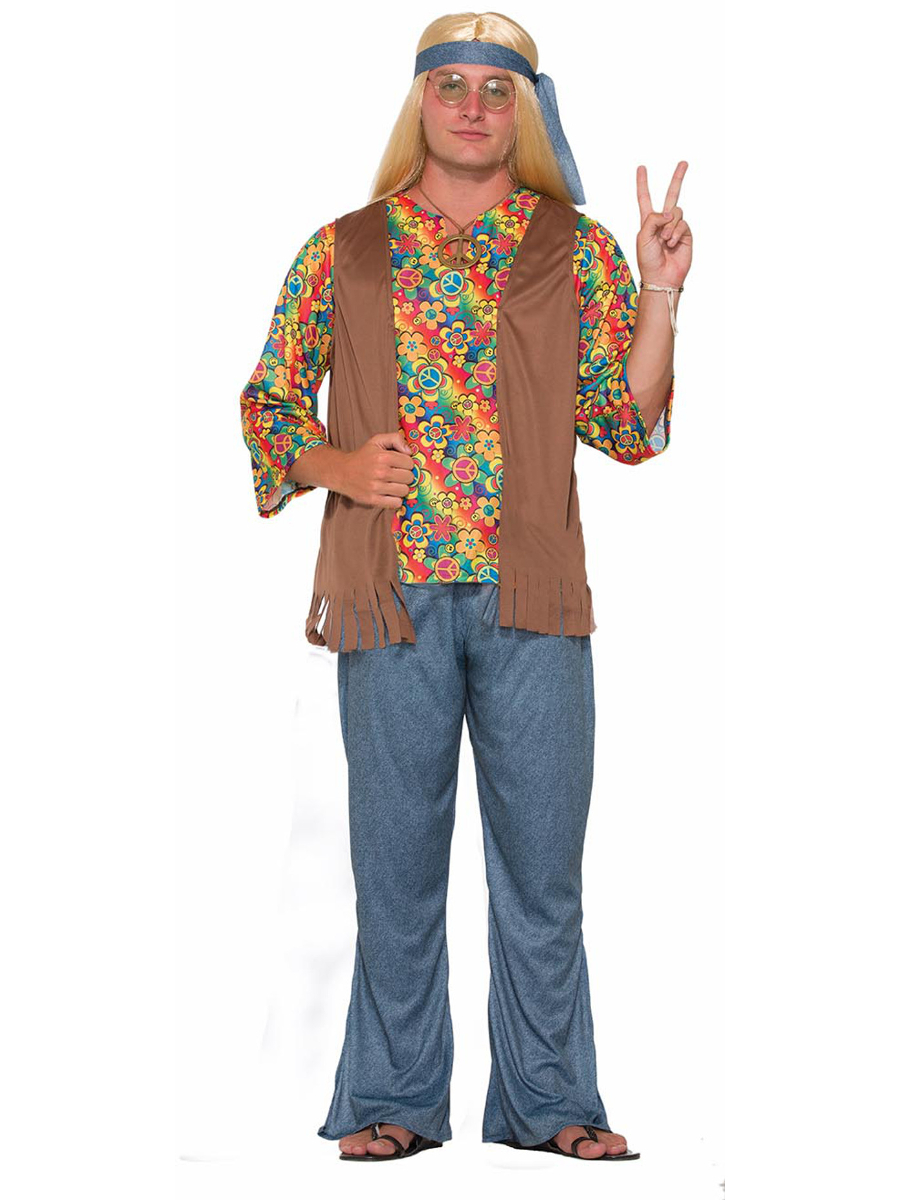 Adults 60s Groovy Hippie Fancy Dress Costume 70s Flower Power Peace Hippy Mens