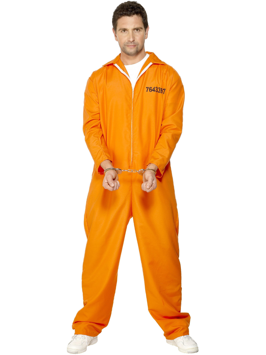 Mens Escaped Prisoner Convict Orange Boiler Suit Costume