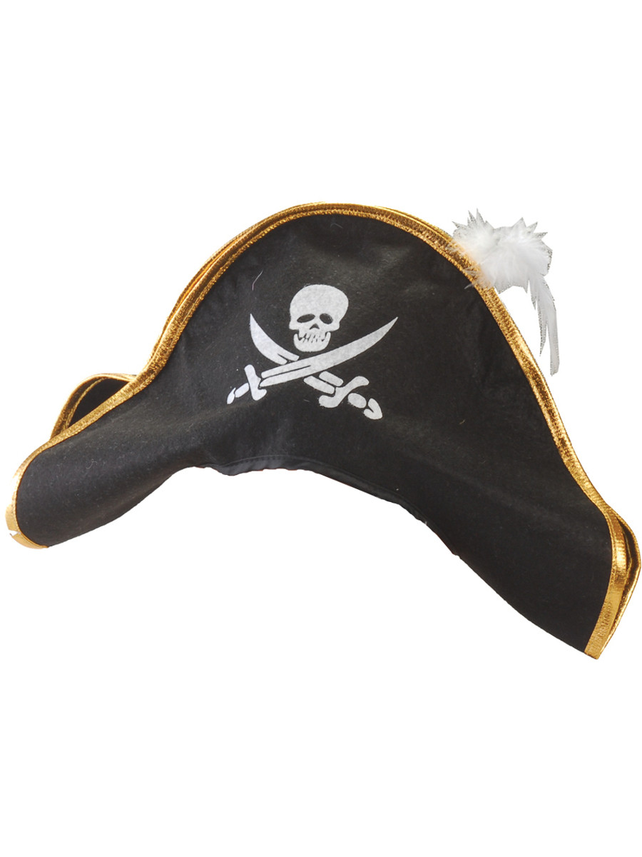 Men's Black Tricorn Pirate Hat with Gold Trim And White Feather