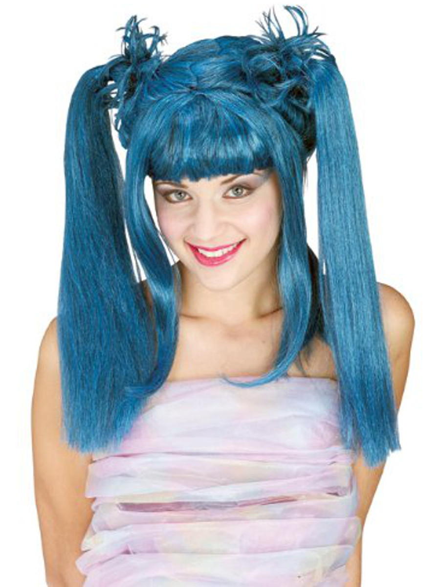 Adult Womens Blue Punk Diva Wig With Long Bangs and 