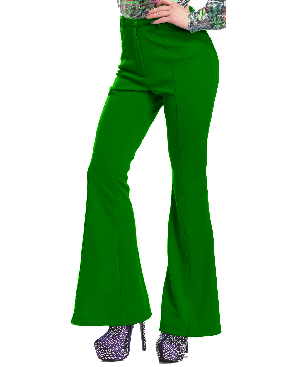 Womens 70s High Waisted Green Disco Pants