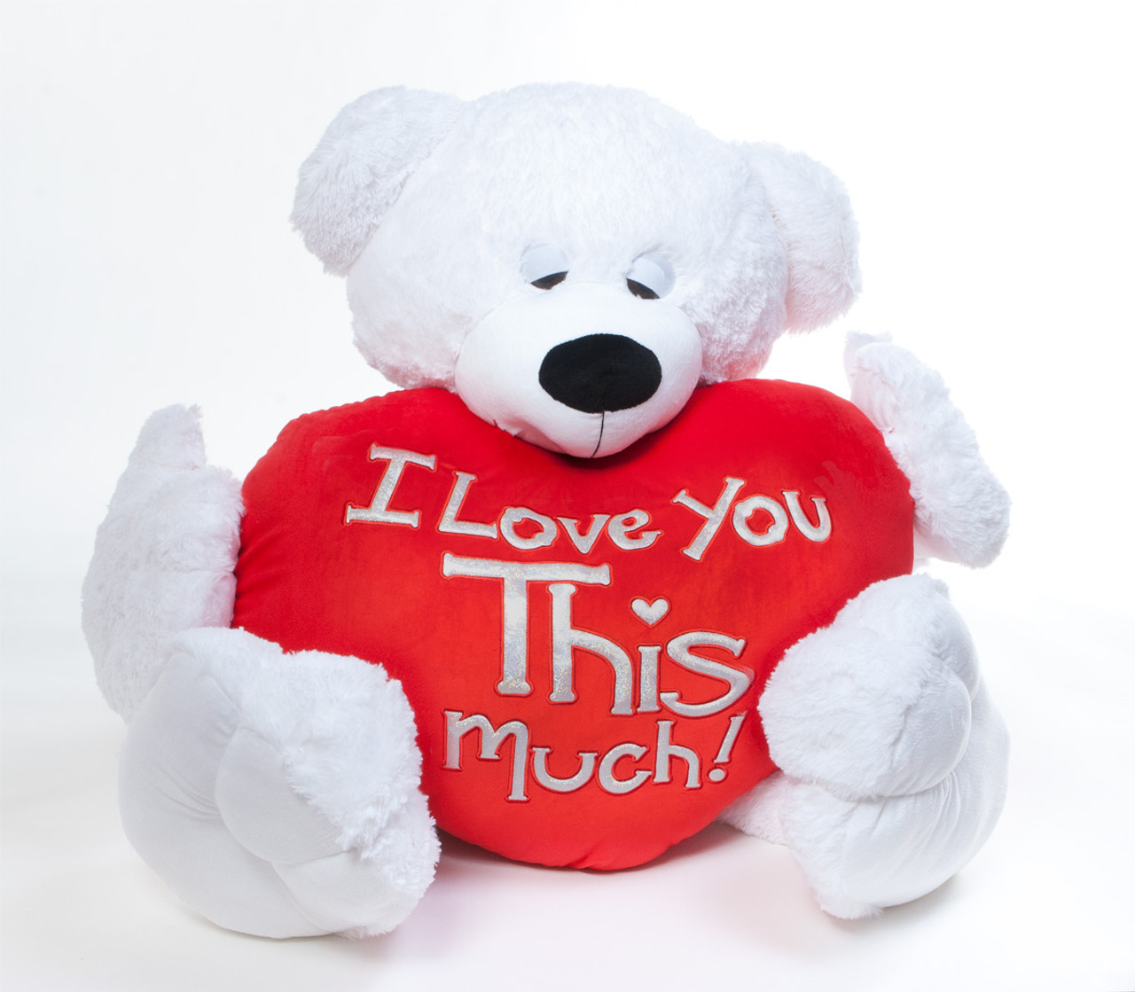 Paw Mittens big teddy bear with "I Love You This Much" heart shaped pillow