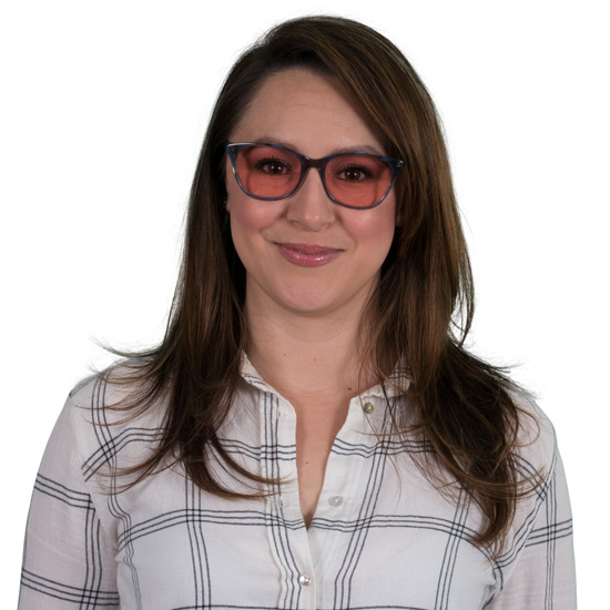 Woman wearing Audrey TheraSpecs Indoor blue glasses