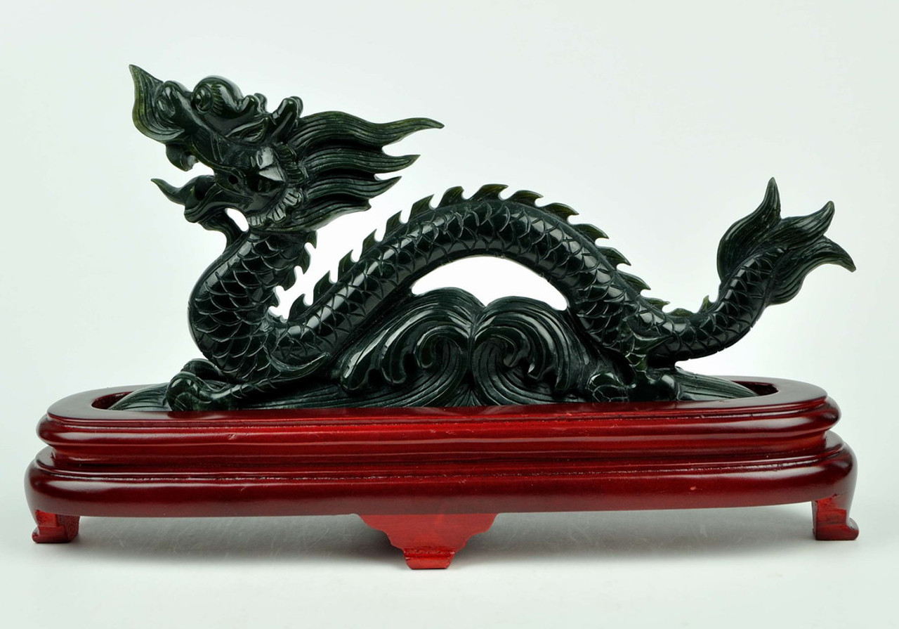 Natural Black Nephrite Jade Carving Chinese Dragon Statue / Hand Carved
