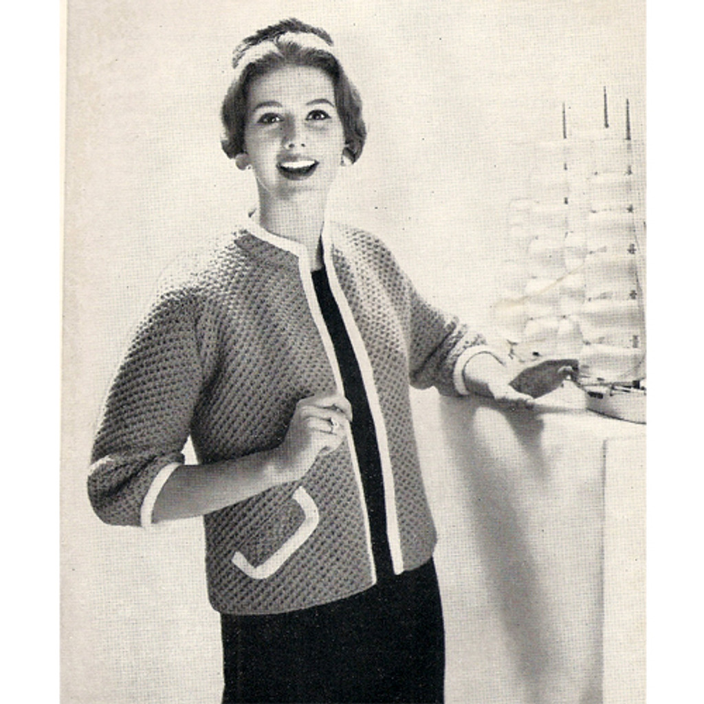 Vintage Cardigan Knitting Pattern, pockets, contrast trim