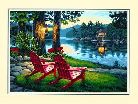 Adirondack Evening (Woods, Lake Scene w/Cabin &amp; Chairs 