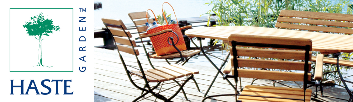 Teak and iron folding chairs and tables FSC certified Haste Garden Teak folding tables and chairs