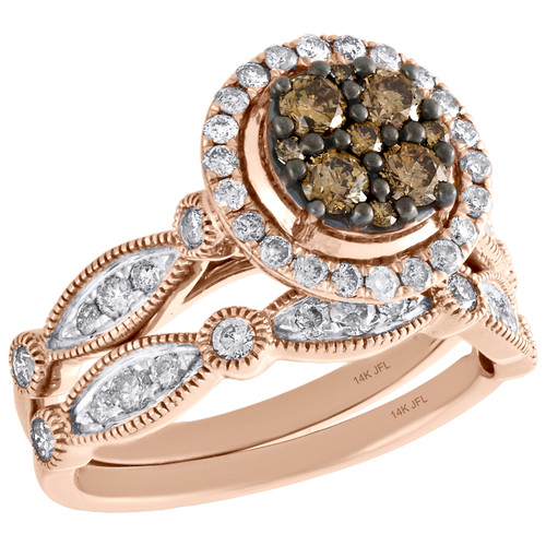 14K Rose Gold Brown Diamond Bridal Set Flower Engagement Wedding Rings 1 Ct Image 14K Rose Gold Brown Diamond Bridal Set Flower Engagement Wedding Rings 1 Ct Image