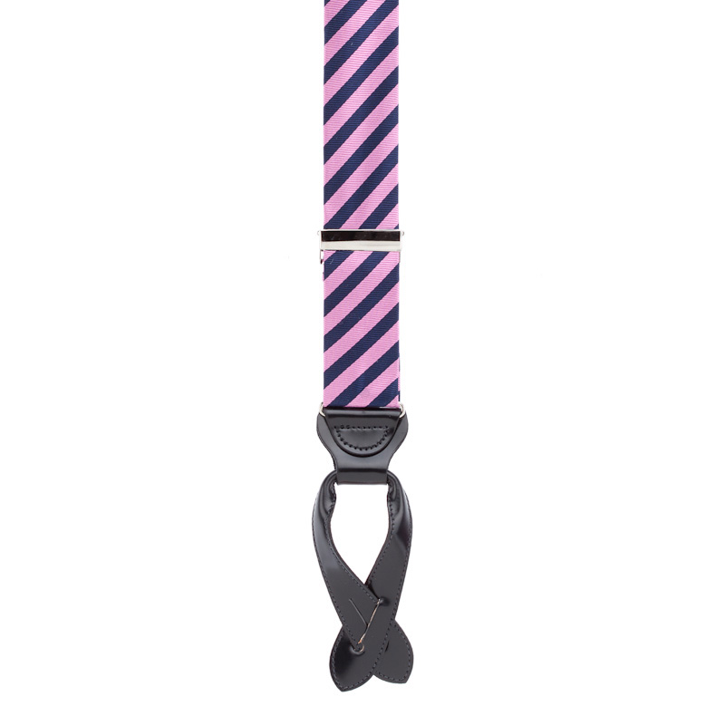 Full view of pink and navy suspenders