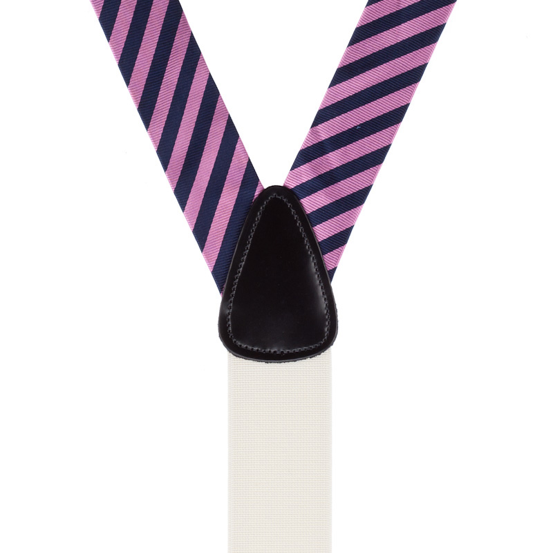 Rear view of pink and navy suspenders