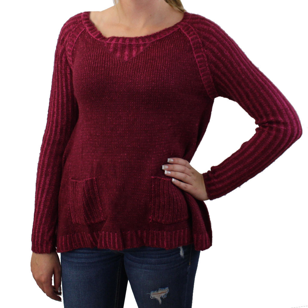 Women's Burgundy Wine Pullover Knit Sweater Long Sleeve Top Purple Leopard Boutique