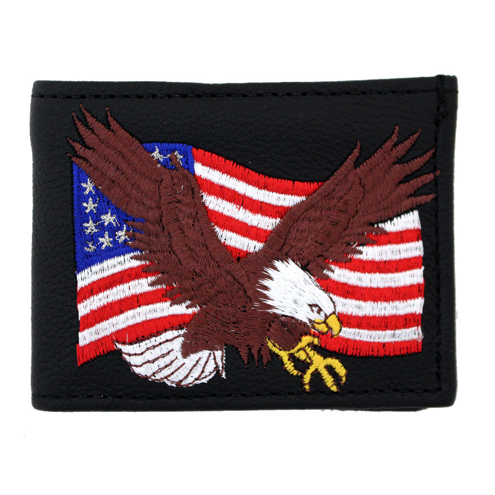 Embroidered Eagle on American Flag Men's Black Leather Bifold Wallet