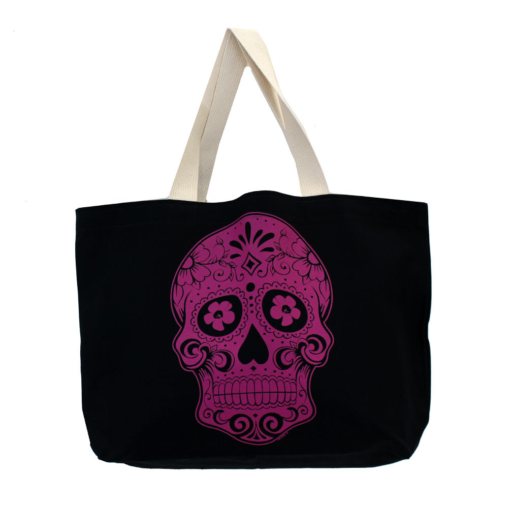 Large Sturdy Black Canvas Tote with Colorful Day of the Dead Skull