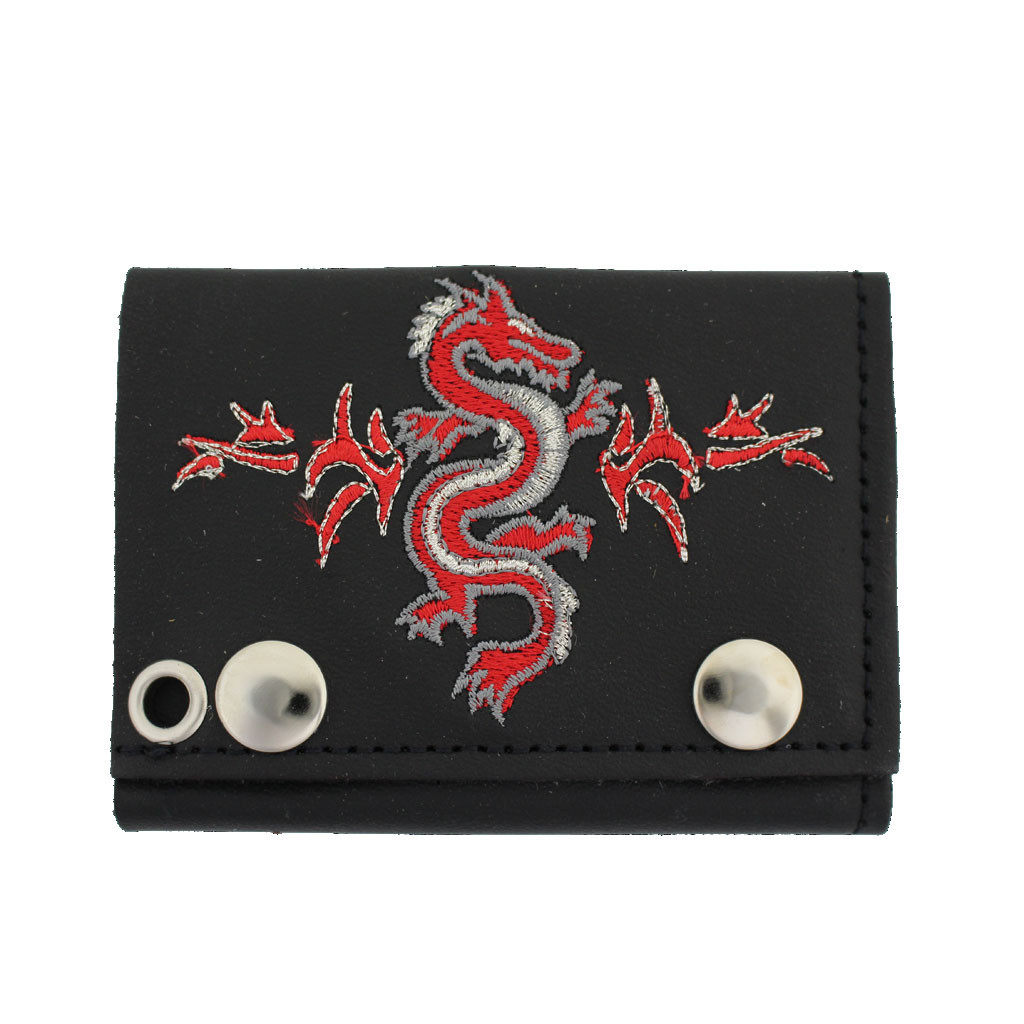 Embroidered Dragon Design Men's Biker Black Leather Chain Wallet