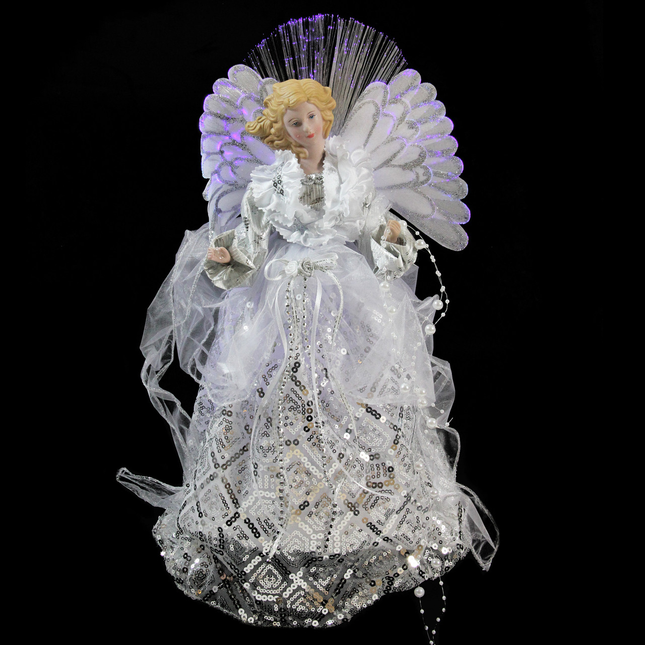 16" Lighted B/O Fiber Optic Angel in White & Silver Sequined Gown