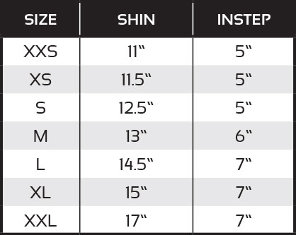 Shin Pad Size Chart
