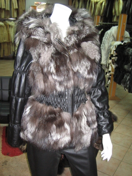 Silver Fox Fur Jacket Hood leather sleeves Silver Fox Fur Jacket Hood leather sleeves