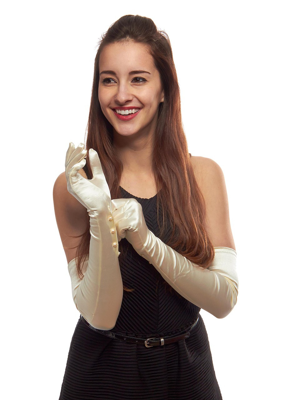 Glamorous Gala Satin Opera Length Gloves With Pearlize