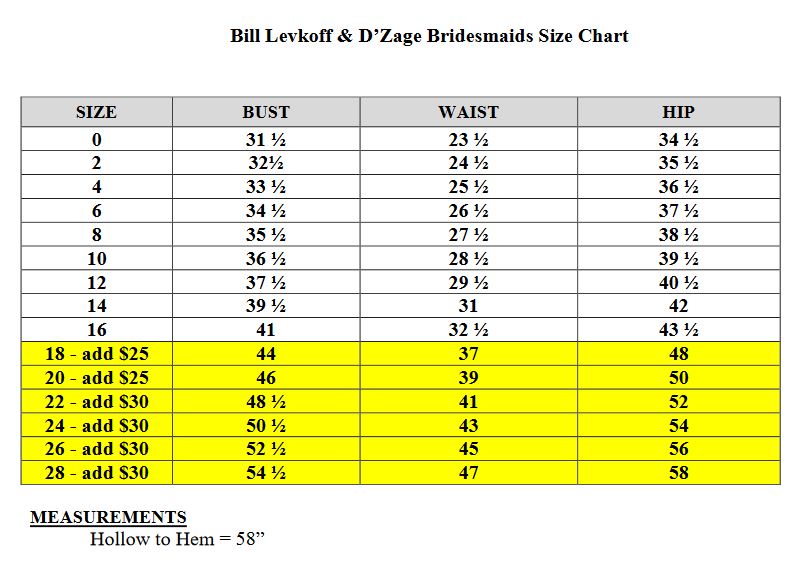 bill levkoff size chart 2019