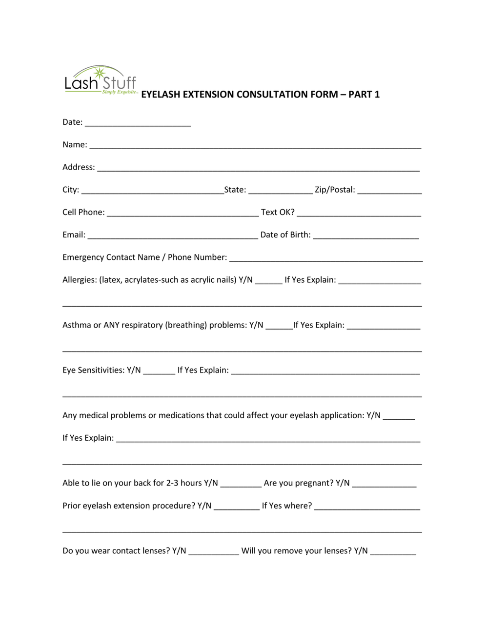Eyelash Extension Consultation Form Lash Stuff