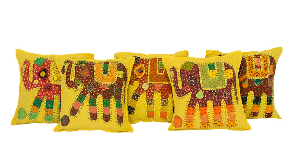 AamiraA Kantha Patchwork Elephant Yellow Cushion Covers Decorative Pillow Case - Picture 13 of 17
