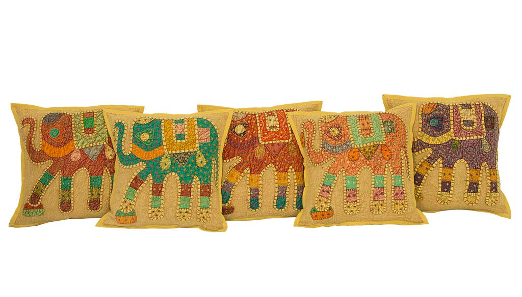 AamiraA Kantha Patchwork Elephant Mustard Cushion Covers Decorative Pillow Case - Picture 13 of 17