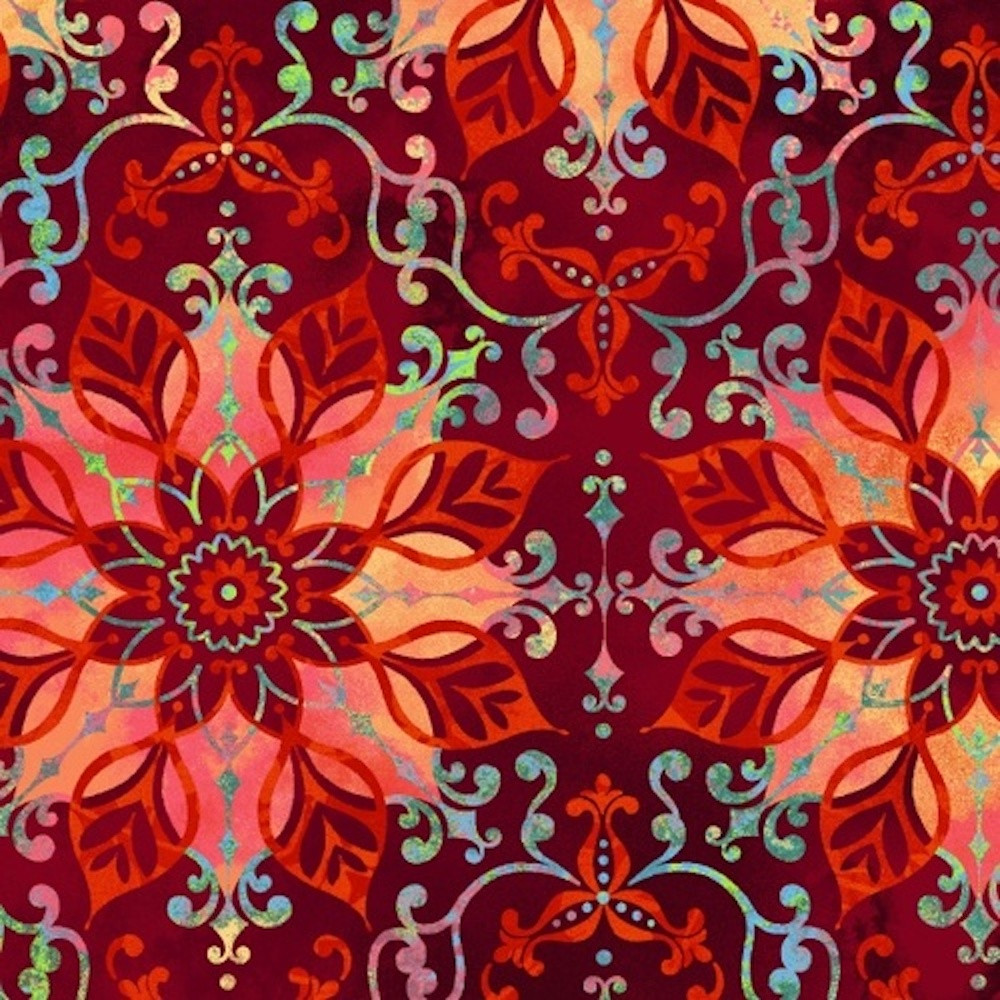 Studio E 3914-88 Aflutter Floral Medallion Red Cotton Quilting Fabric By Yd