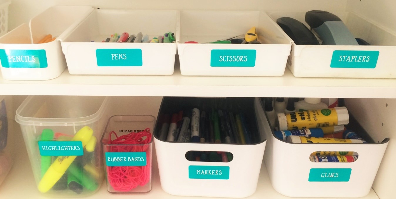 The finished stationery cupboard with designer pantry labels to organise it