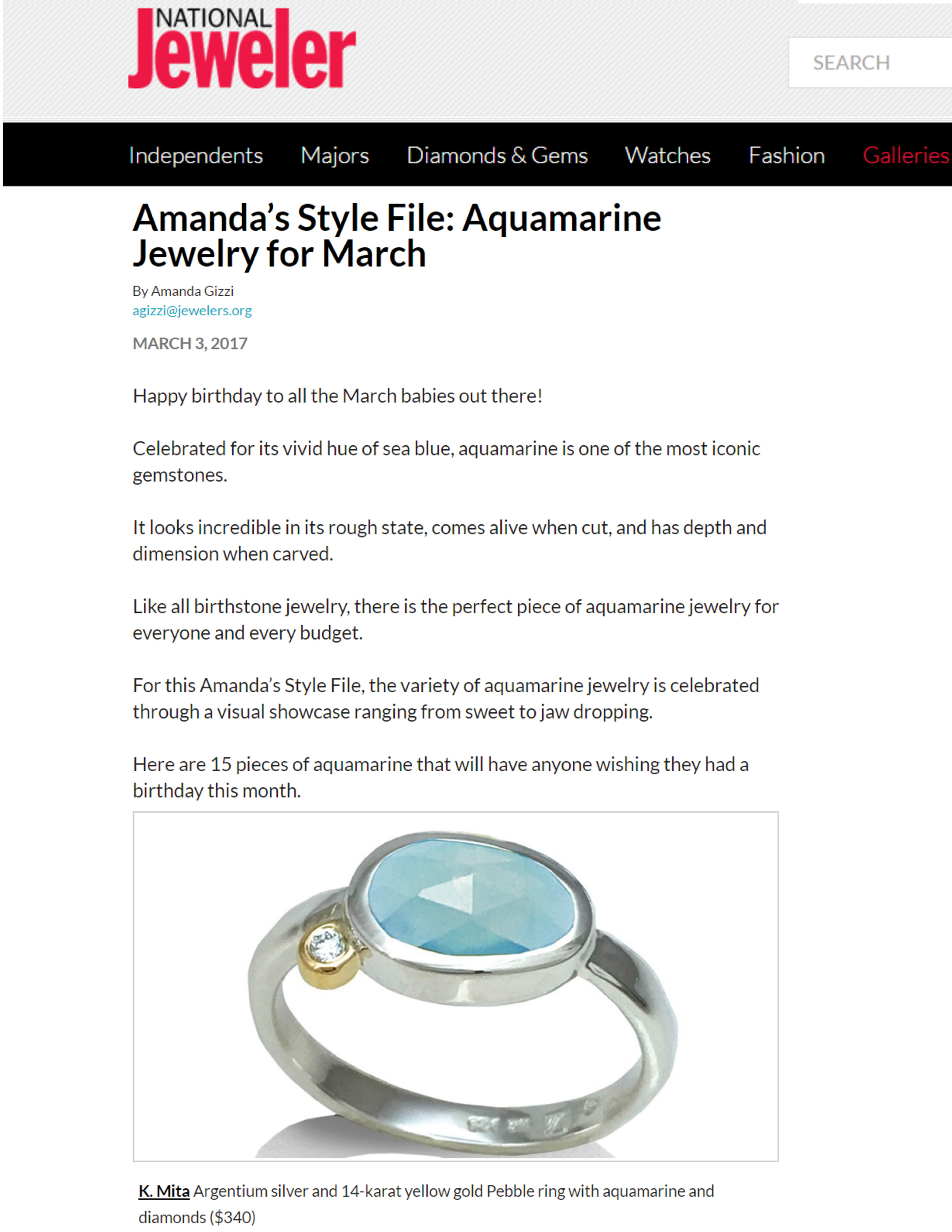 Aquamarine Pebble Ring from K.Mita | nationaljeweler.com Mar 2017