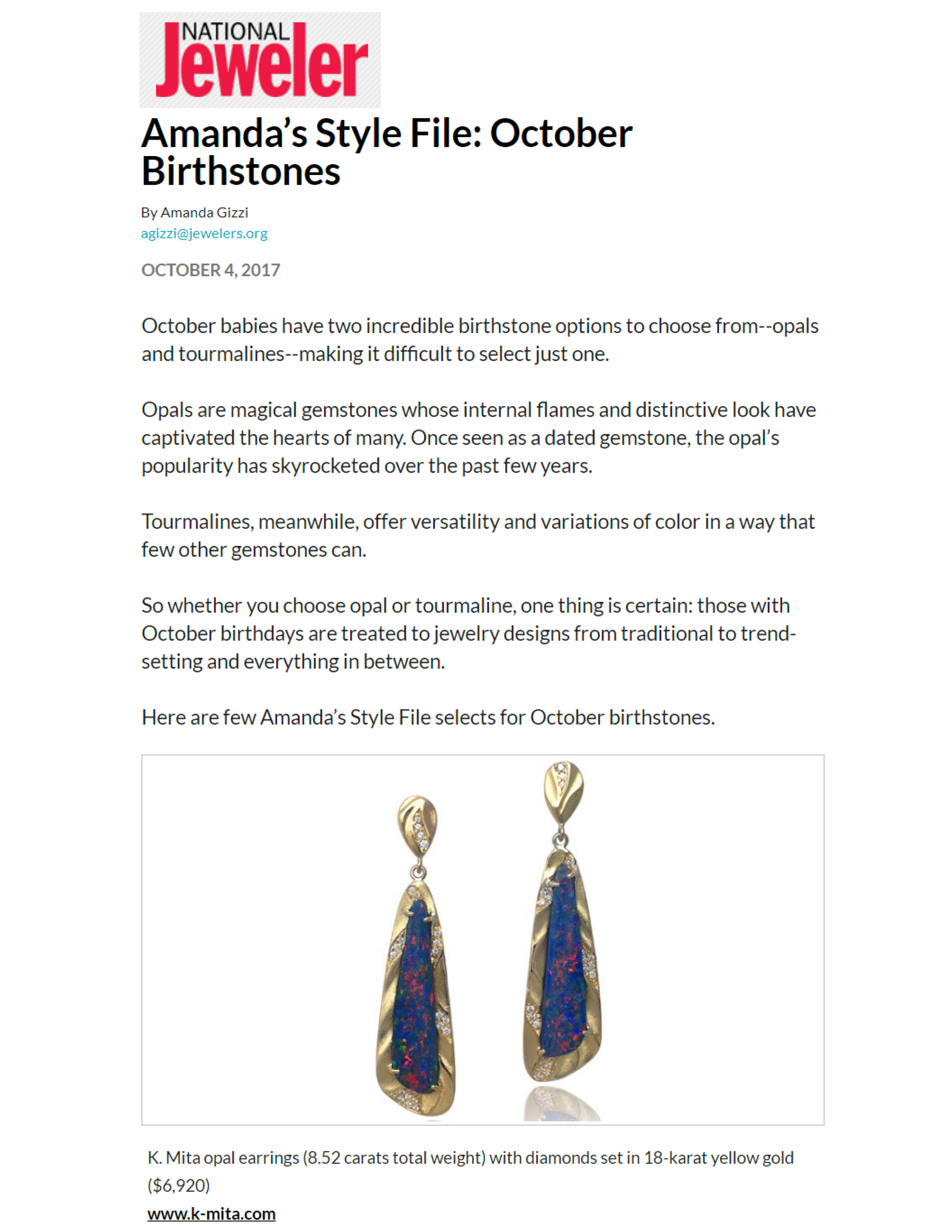 Long Opal Earrings by K.Mita | Opal Diamonds 18k Yellow Gold | nationaljeweler.com October 2017