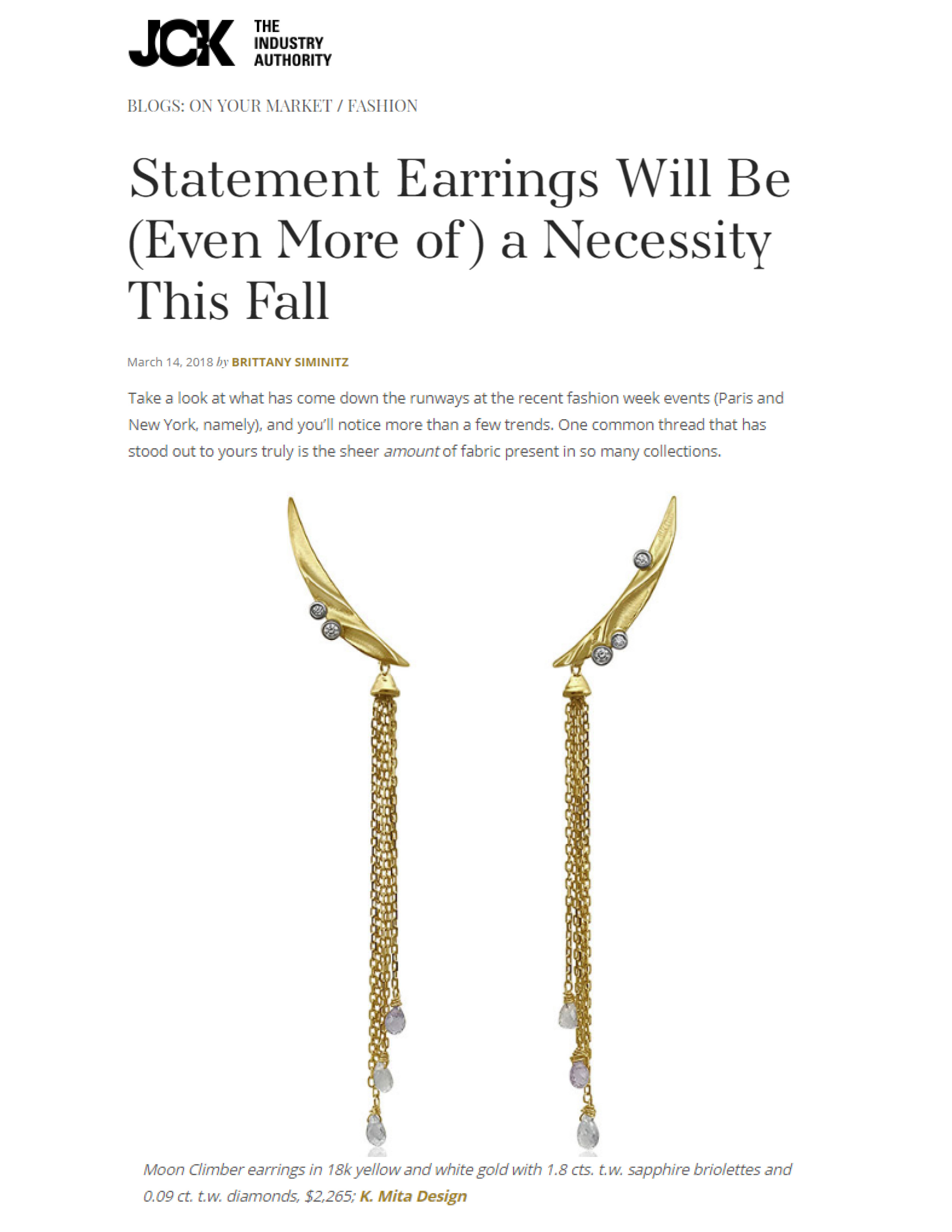 Moon River Climber Earrings from K.Mita | 18k Yellow and White Gold Diamonds and Sapphire Briolettes | March 2018 jckonline.com