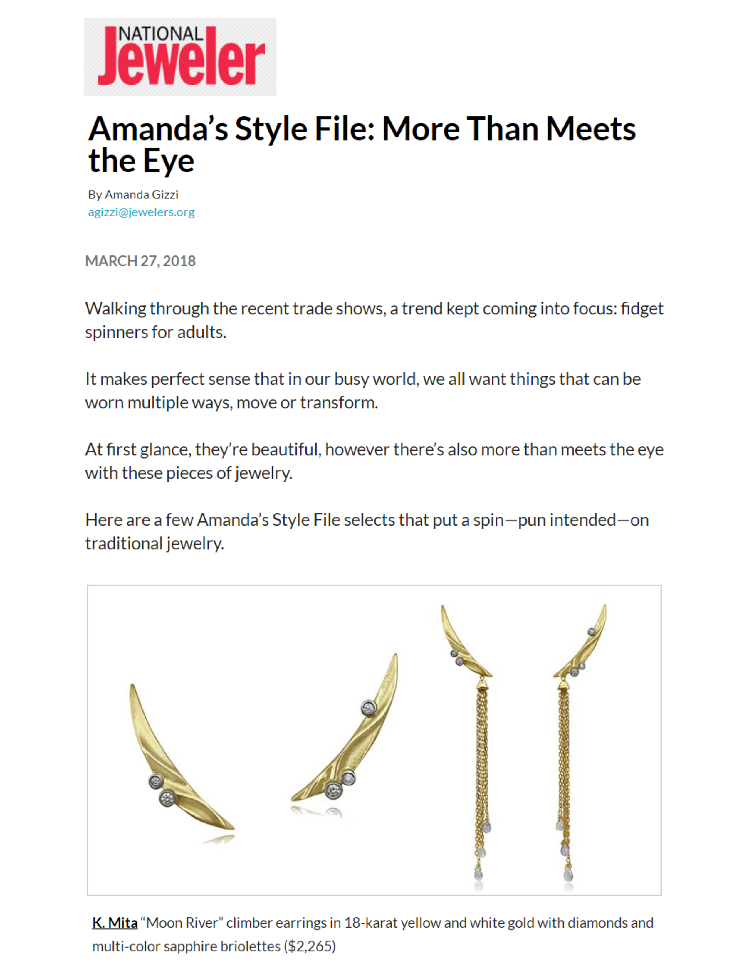 Moon River Climber Earrings from K.Mita | 18k Yellow and White Gold Diamonds and Sapphire Briolettes | March 2018 Amanda's Style in National Jeweler