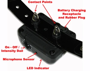 dogtra-ys300-definition.jpg Dogtra YS300 Bark Control Collar - most dogs — labelled receiver: contact points, charging receptacle, on/off intensity dial, microphone sensor and LED indicator