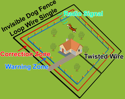 house-invisible-dog-fence.jpg PAC F6C Invisible Stubborn Dog Fence Kit (Up to 20 acres) — single loop wire layout with radio signal, warning zone, correction zone and twisted wire