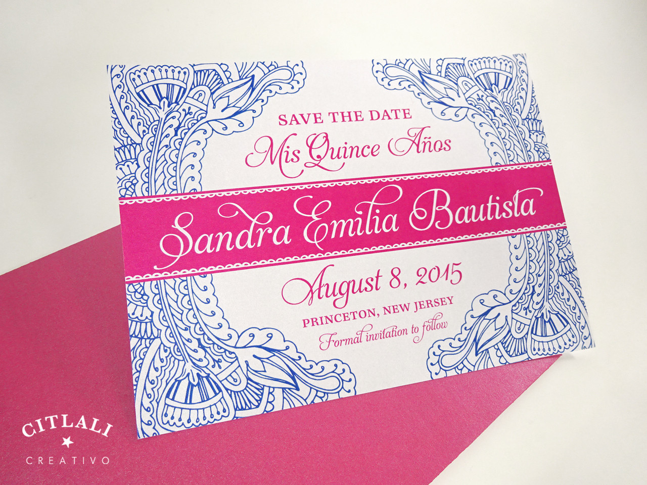 quinceaera floral paisley henna save the date card in hot pink cobalt blue