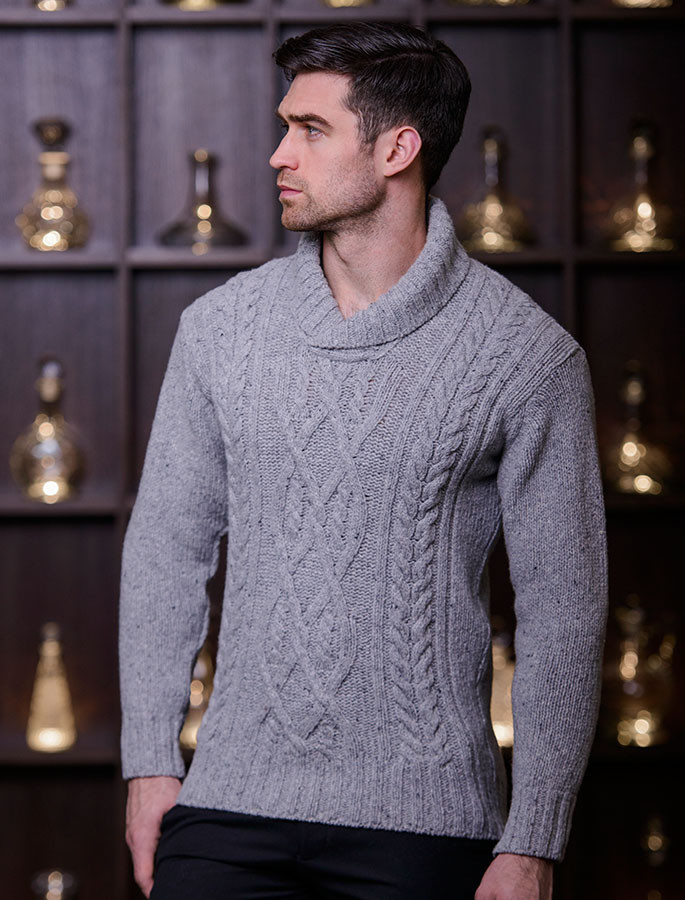 Men's Luxury Aran Shawl Neck Sweater, Mens Shawl Neck Sweater