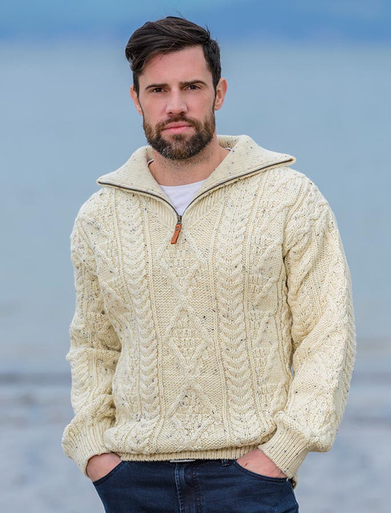 Aran Sweater with Zip Neck, Mens cable knit sweater