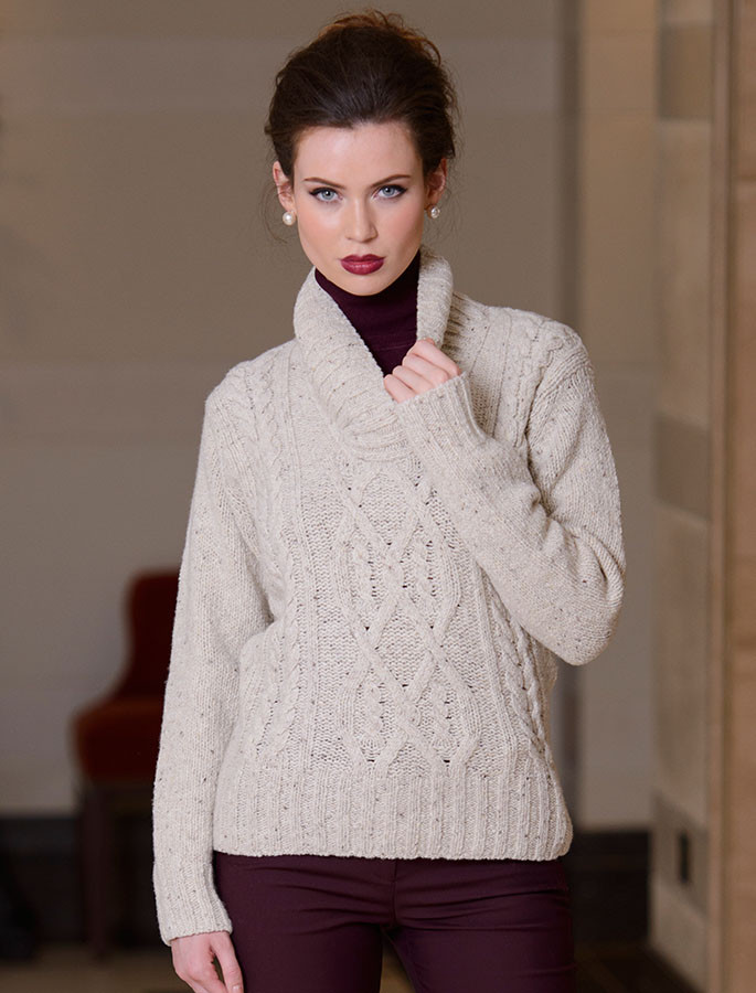 Wool Cashmere Aran Shawl Neck Sweater, Cable Knit Shawl Collar | Aran ...