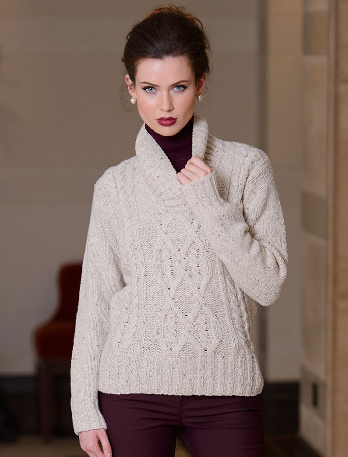 Wool Cashmere Aran Shawl Neck Sweater, Cable knit shawl collar | Aran ...