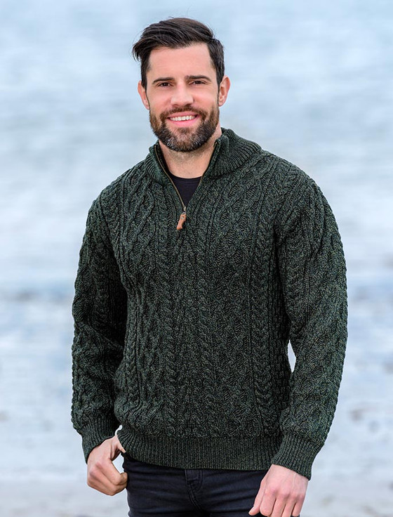 Mens Half Zip Sweater, Zip Neck Aran Sweater