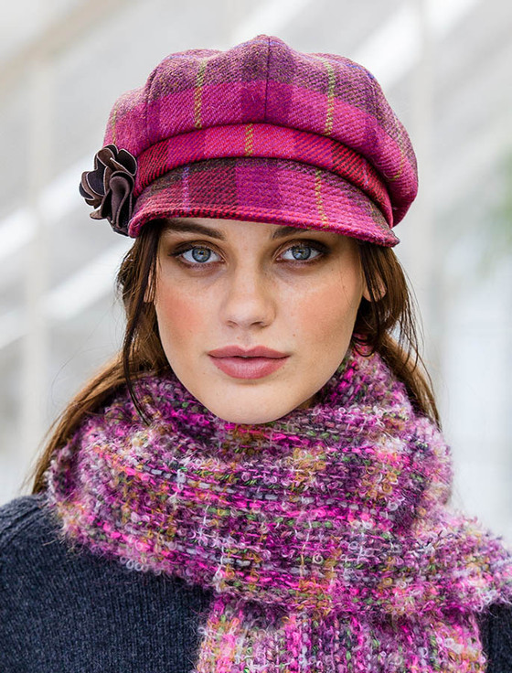 Ladies Tweed Newsboy Hat - Pink Plaid | Aran Sweater Market