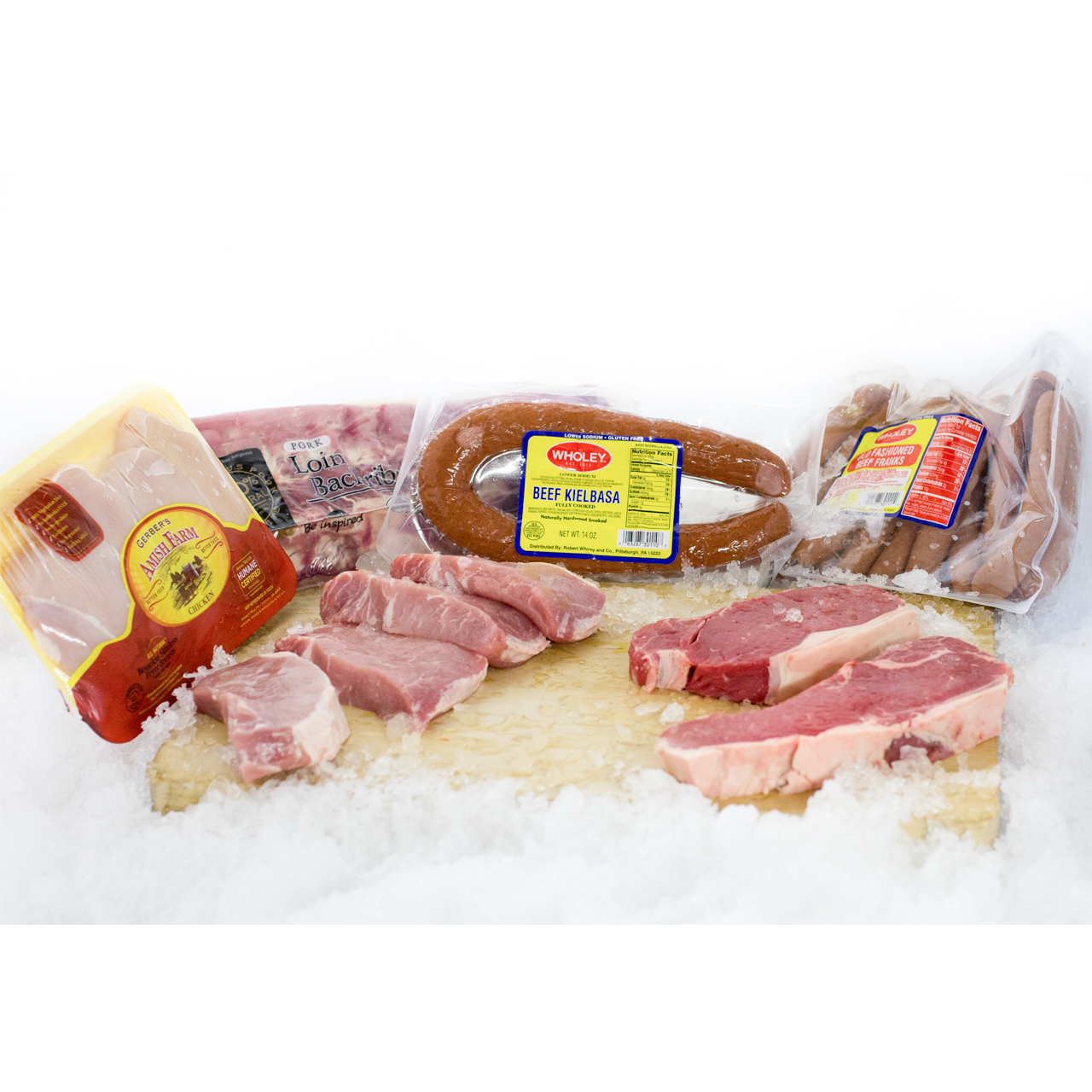 An assortment of both packaged and opened fresh meat products