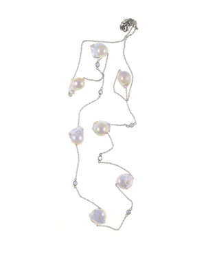 Annapolis Biawa Pearl Necklace - Single strand freshwater biawa pearls 14-18mm, non-tarnishing silver color chain with interspersed set CZs, lobster claw clasp with jump chain